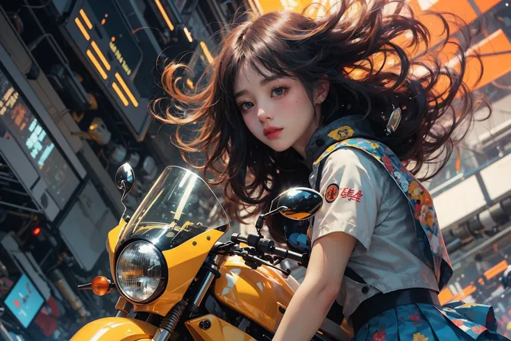 school girl 16 yo, pleated skirt, looking at viewer, from front view, ((yellow motorcycle)), japan cyberpunk background, (dramatic angle, dynamic pose), <lyco:GPTS5 Heavy_387306:0.8>