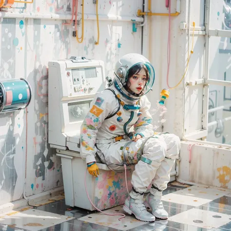 1girl, sitting, knees up,((space suit)), solo, outer space, official art, unity 8k wallpaper, ultra detailed, beautiful and aesthetic, masterpiece,best quality, glowing skin, (floating colorful sparkles:1) the most beautiful form of chaos, elegant, a brutalist designed, vivid colours, romanticism,  <lyco:GPTS5 Heavy_387306:1.0>