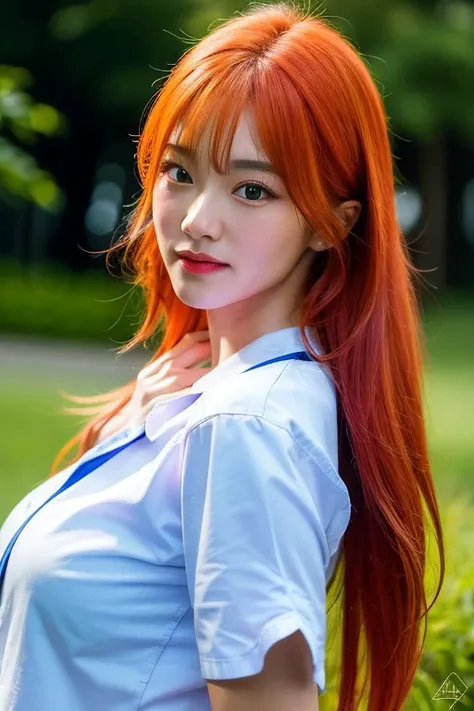 Best quality, masterpiece, ultra high res, (photorealistic:1.4), raw photo, n4n4, <lora:Woo!ah!n4n4.768:1.0> looking at viewer, shirt, orange hair, close-up,