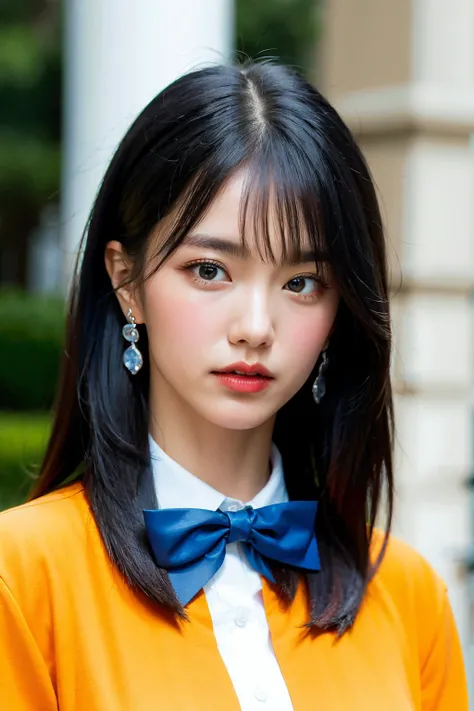 Best quality, masterpiece, ultra high res, (photorealistic:1.4), raw photo, n4n4, <lora:Woo!ah!n4n4.768:1.0> looking at viewer, bangs, shirt, black hair, long sleeves, bow, jewelry, white shirt,earrings, bowtie,