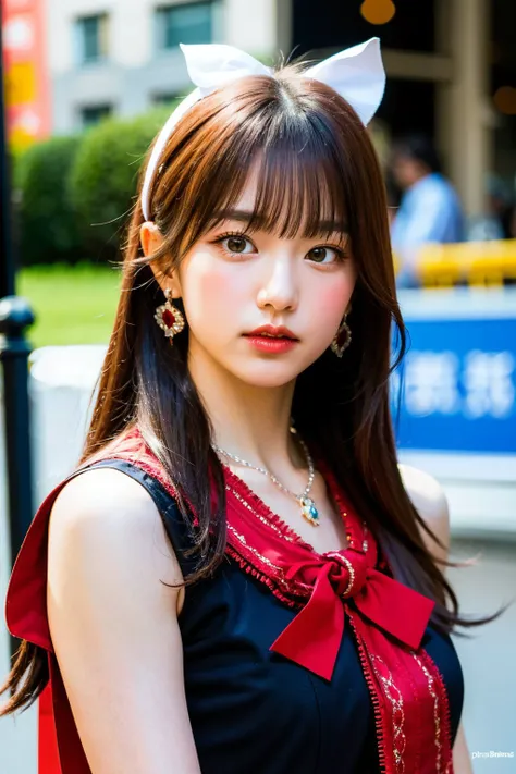 Best quality, masterpiece, ultra high res, (photorealistic:1.4), raw photo, n4n4, <lora:Woo!ah!n4n4.768:1.0> closeup, looking at viewer, long hair, bangs, brown hair, dress, bow, jewelry, hair bow, hairband, earrings, necklace,