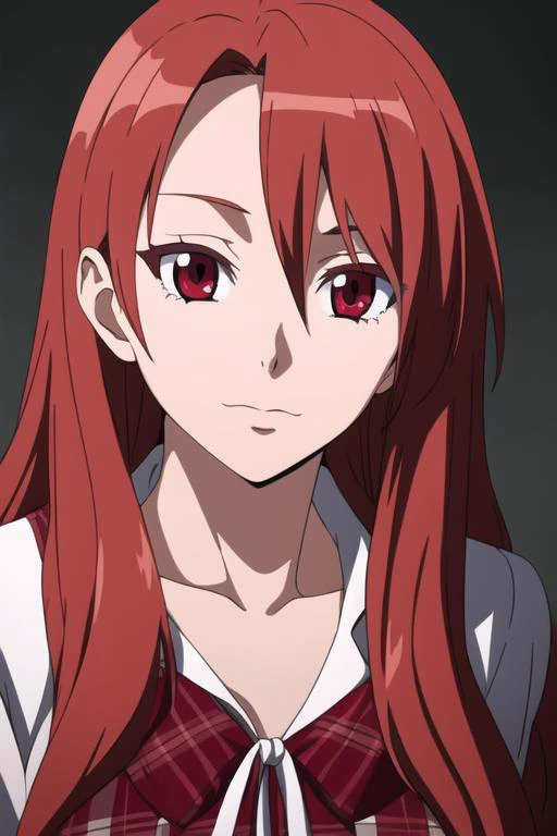 masterpiece, best quality, high quality, 1girl, solo, looking at viewer, upper body, <lora:chelsea:0.78>, chelsea, long hair, red hair, red eyes, ribbon, , , plaid, <lora:Realism-10:0.15>, Realism