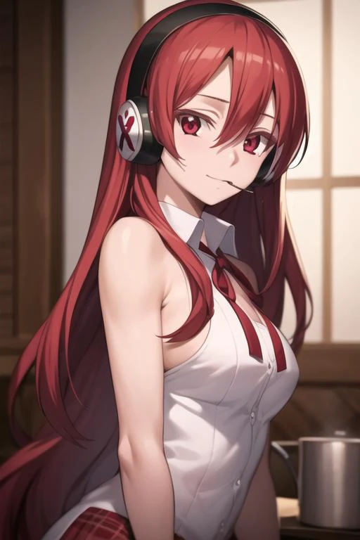 masterpiece, best quality, high quality, 1girl, solo, looking at viewer, upper body, <lora:chelsea:0.76>, chelsea, long hair, red hair, red eyes, ribbon, , headphones, plaid, <lora:animemix_v3_offset:0.40>