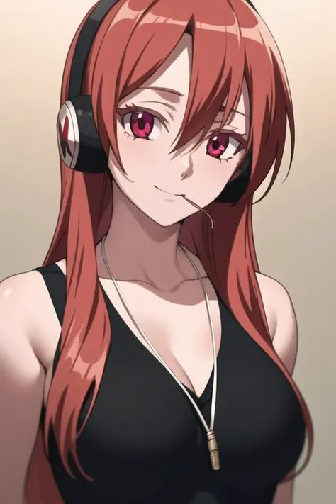 masterpiece, best quality, high quality, 1girl, solo, looking at viewer, upper body, <lora:chelsea:0.78>, chelsea, long hair, red hair, red eyes, , , headphones, , <lora:animemix_v3_offset:0.90>