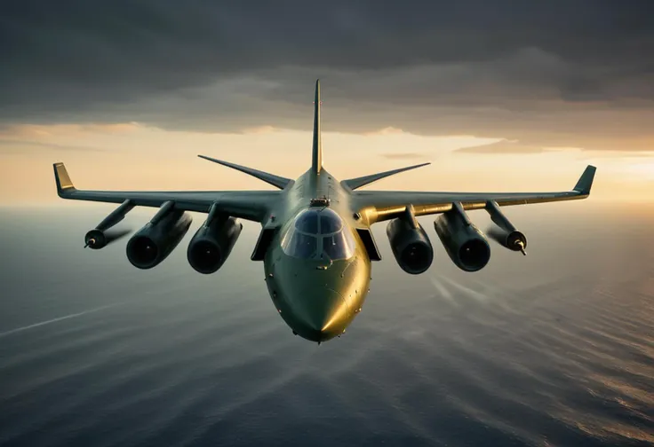 (medium full shot) of (powerful large olive-drab military plane) with titanium-alloy body, afterburning turbojet, reinforced cockpit, electronic countermeasures, flying over  patrolling the vast ocean, the military plane scanning the surface for enemy vessels, at dusk, Masterpiece,best quality, photo, realistic, very aesthetic, dark