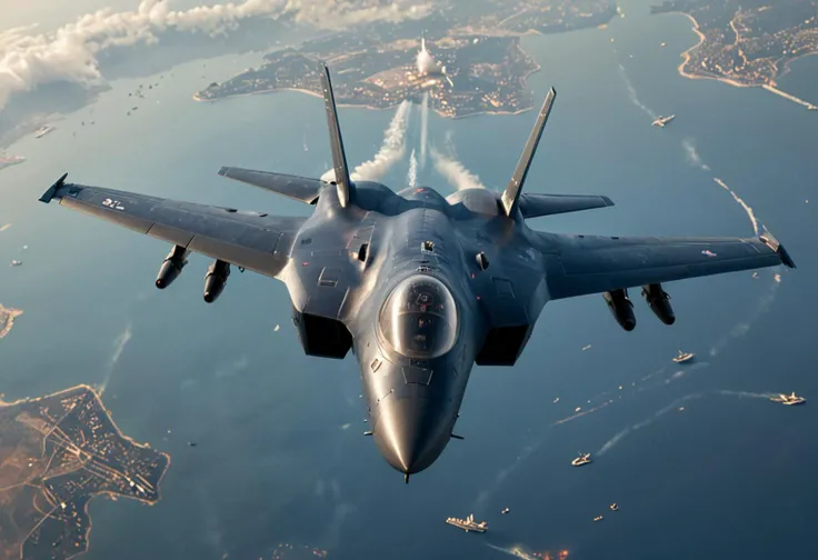 (medium full shot) of (advanced compact navy-blue military plane) with stealth-coating body, afterburning turbojet, stealth design, advanced sensor arrays, flying over returning to base after a successful mission, the military plane greeted by ground crews, during a mission, Masterpiece,best quality, photo, realistic, very aesthetic,