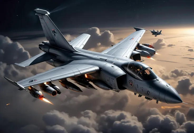 (medium full shot) of (reliable medium-sized silver military plane) with titanium-alloy body, turbofan engines, electronic warfare pods, adorned with squadron insignia, flying over performing a close air support mission in the battle zone, the military plane targeting enemy positions, on a reconnaissance mission, at night, Masterpiece,best quality, photo, realistic, very aesthetic, dark