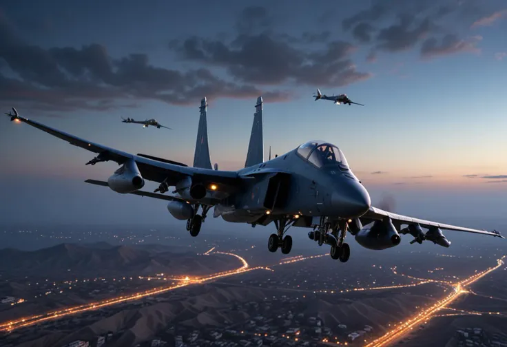 (medium full shot) of (versatile compact navy-blue military plane) with advanced-polymer body, vectored thrust, reinforced cockpit, external weaponry, flying over  providing air support to special forces operating in enemy territory, the military plane ready to engage, while patrolling, at dusk, Masterpiece,best quality, photo, realistic, very aesthetic,