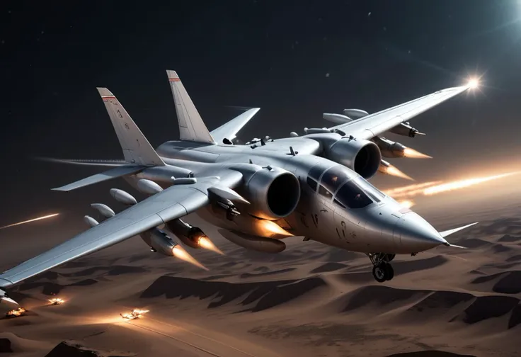 (medium full shot) of (powerful light silver military plane) with advanced-polymer body, turbofan engines, forward-swept wings, external weaponry, flying over conducting a bombing run over the desert, the military plane releasing its payload with precision, in a combat scenario, at night, Masterpiece,best quality, photo, realistic, very aesthetic,