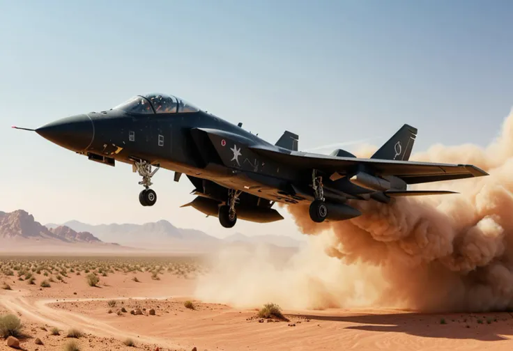 (medium full shot) of (powerful heavy matte-black military plane) with stealth-coating body, turbojet engines, external fuel tanks, stealthy weapon bays, flying over performing a high-speed maneuver over the arid desert, the military plane leaving a trail of dust in its wake, during a mission, Masterpiece,best quality, photo, realistic, very aesthetic,