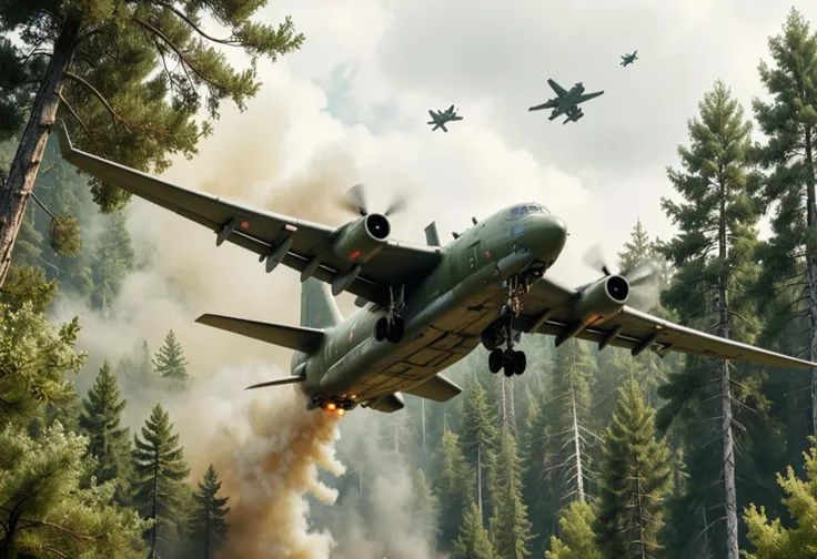 (medium full shot) of (fast large olive-drab military plane) with reinforced-steel body, high-bypass turbofan, external fuel tanks, external weaponry, flying over  performing evasive maneuvers above the forest canopy, the military plane evading enemy detection, on a reconnaissance mission, Masterpiece,best quality, photo, realistic, very aesthetic,