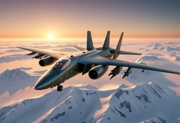 (medium full shot) of (agile light olive-drab military plane) with stealth-coating body, turboshaft engines, reinforced cockpit, missile hardpoints, flying over  performing a reconnaissance mission over the icy landscape, the military plane capturing vital data, on a reconnaissance mission, at sunset, Masterpiece,best quality, photo, realistic, very aesthetic,