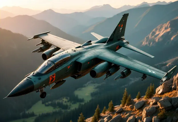 (medium full shot) of (lethal heavy camouflage-green military plane) with carbon-fiber body, turbojet engines, electronic warfare pods, stealthy weapon bays, flying over  conducting a search-and-rescue operation in the mountainous region, the military plane scanning for survivors, on a reconnaissance mission, at sunset, Masterpiece,best quality, photo, realistic, very aesthetic,