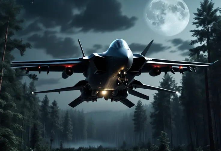 (medium full shot) of (heavily armored heavy matte-black military plane) with reinforced-steel body, turbojet engines, delta wing, missile hardpoints, flying over  conducting a search-and-rescue operation in the forest, the military plane scanning the area for signs of life, during a mission, under the moonlight, Masterpiece,best quality, photo, realistic, very aesthetic,