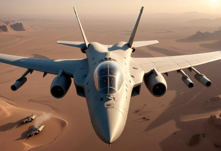 (medium full shot) of (powerful heavy desert-tan military plane) with composite-material body, turbofan engines, reinforced cockpit, refueling probes, flying over  providing air support to ground troops in the desert, the military plane ready to engage targets, under enemy fire, at dusk, Masterpiece,best quality, photo, realistic, very aesthetic,