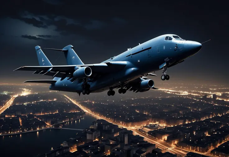 (medium full shot) of (reliable heavy navy-blue military plane) with advanced-polymer body, turboshaft engines, radar-absorbent coating, external weaponry, flying over evading enemy fire while navigating the urban landscape, the military plane showcasing its advanced avionics, during a mission, at night, Masterpiece,best quality, photo, realistic, very aesthetic, dark