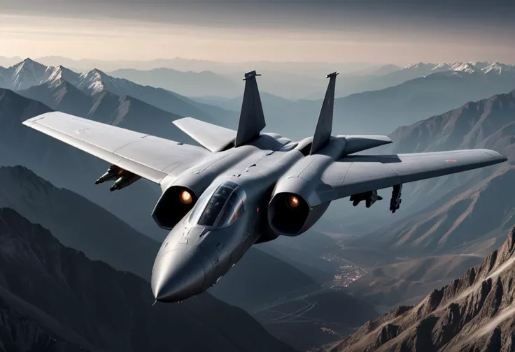 (medium full shot) of (fast light dark-gray military plane) with composite-material body, turbofan engines, delta wing, external weaponry, flying over performing a high-altitude reconnaissance mission over the mountains, the military plane capturing detailed imagery, under enemy fire, at dusk, Masterpiece,best quality, photo, realistic, very aesthetic,