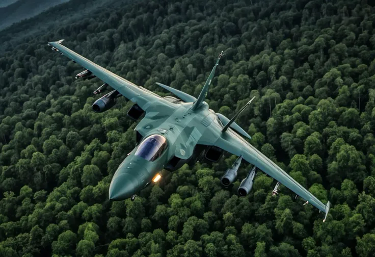 (medium full shot) of (fast large camouflage-green military plane) with stealth-coating body, turbojet engines, forward-swept wings, advanced sensor arrays, flying over flying at tree-top level over the lush forest, the military plane on a reconnaissance mission, while patrolling, at night, Masterpiece,best quality, photo, realistic, very aesthetic,