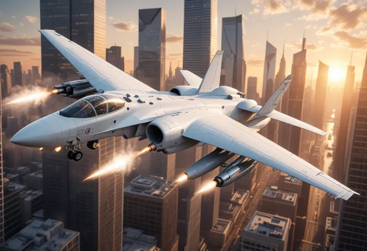 (medium full shot) of (advanced medium-sized arctic-white military plane) with titanium-alloy body, vectored thrust, forward-swept wings, missile hardpoints, flying over  flying low between skyscrapers in an urban environment, the military plane executing a daring maneuver, during a mission, at sunset, Masterpiece,best quality, photo, realistic, very aesthetic,