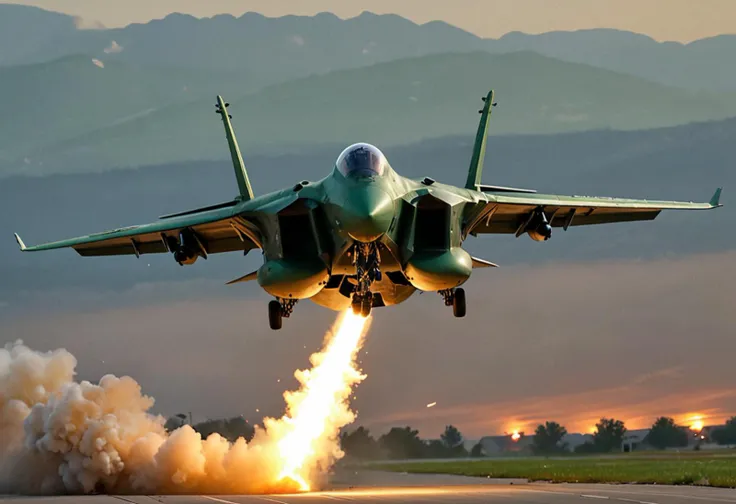 (medium full shot) of (fast heavy camouflage-green military plane) with titanium-alloy body, afterburning turbojet, delta wing, stealthy weapon bays, flying over performing simulated combat maneuvers at the training ground, the military plane honing its skills , in a combat scenario, at dusk, Masterpiece,best quality, photo, realistic, very aesthetic,
