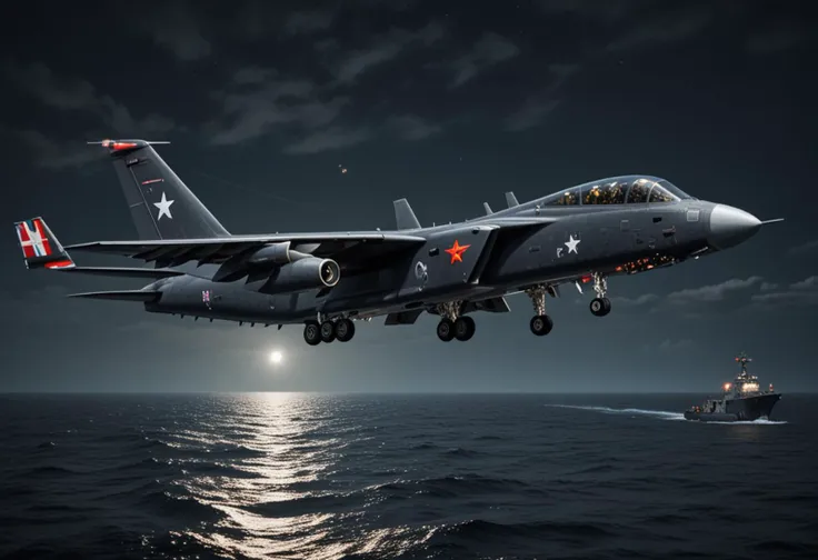 (medium full shot) of (powerful compact dark-gray military plane) with carbon-fiber body, turboshaft engines, electronic warfare pods, adorned with national flag, flying over  responding to a maritime distress signal, the military plane coordinating with rescue teams, under enemy fire, under the moonlight, Masterpiece,best quality, photo, realistic, very aesthetic,