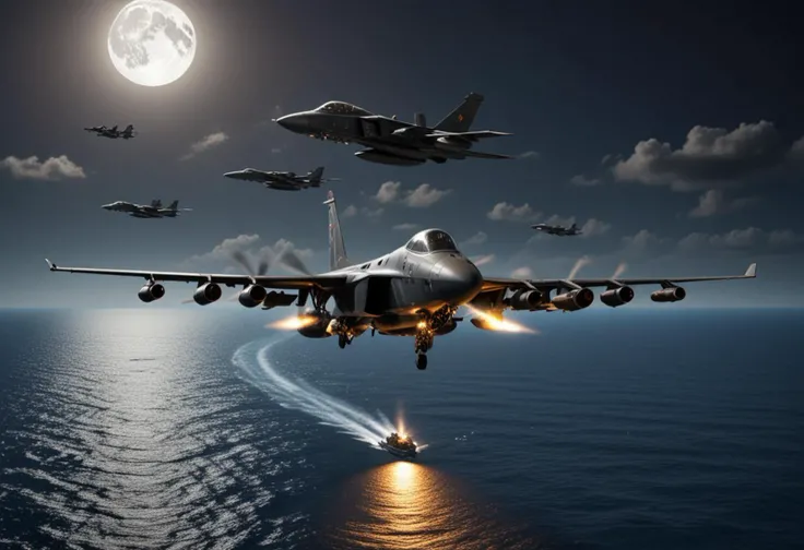 (medium full shot) of (reliable light tactical-brown military plane) with carbon-fiber body, turbojet engines, stealth design, advanced sensor arrays, flying over flying in formation with other military planes over the ocean, the military plane participating in a joint exercise, under enemy fire, under the moonlight, Masterpiece,best quality, photo, realistic, very aesthetic,
