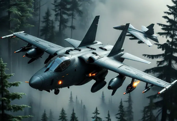 (medium full shot) of (powerful medium-sized dark-gray military plane) with titanium-alloy body, turbofan engines, forward-swept wings, external weaponry, flying over  performing evasive maneuvers above the forest canopy, the military plane evading enemy detection, under enemy fire, at night, Masterpiece,best quality, photo, realistic, very aesthetic,