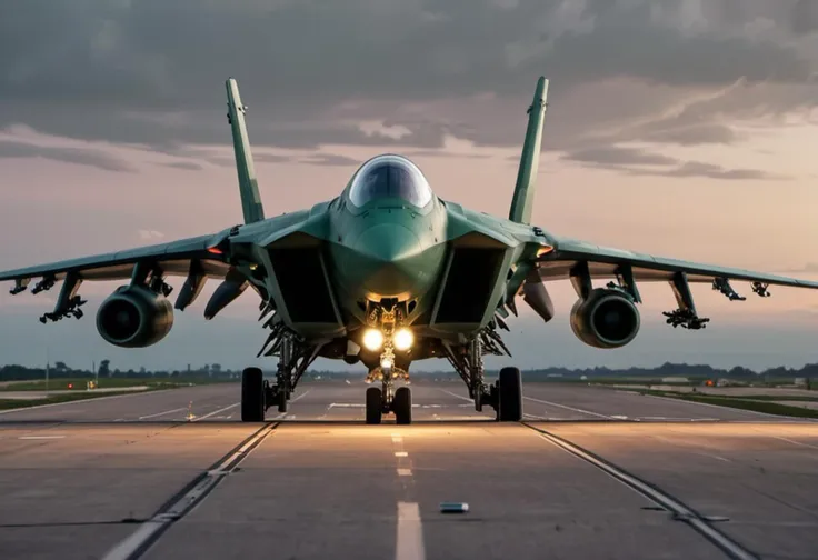 (medium full shot) of (high-tech large camouflage-green military plane) with stealth-coating body, turbofan engines, electronic warfare pods, missile hardpoints, flying over  returning to base after a successful mission, the military plane greeted by ground crews, under enemy fire, at dusk, Masterpiece,best quality, photo, realistic, very aesthetic,