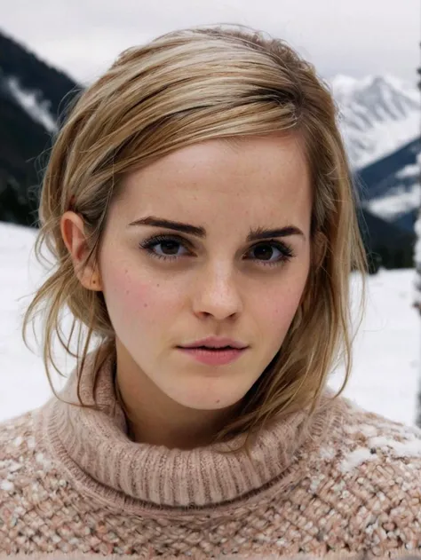 a beautiful picture of emma_watson_xl, detailed skin texture,masterpiece, photorealistic, woman, 4k, light, RAW color photo,(fully in frame:1.1), (blush:0.5), (goosebumps:0.5),snowy place,wearing a sweater, <lora:emma_watson_xl2 (4):1> blonde,detailed eyes,detailed lips,detailed face