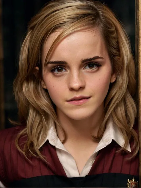 a beautiful picture of  emma_watson_xl,  detailed skin texture,masterpiece, photorealistic, woman, 4k, light, RAW color photo,(fully in frame:1.1), (blush:0.5), (goosebumps:0.5),nightime,wearing gryffindor uniform, <lora:emma_watson_xl2 (4):1> blonde,detailed eyes,detailed lips,detailed face
