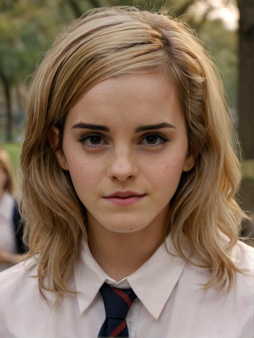 a beautiful picture of emma_watson_xl, detailed skin texture,masterpiece, photorealistic, woman, 4k, light, RAW color photo,(fully in frame:1.1), (blush:0.5), (goosebumps:0.5),park,wearing school uniform, <lora:emma_watson_xl2 (4):1> blonde,detailed eyes,detailed lips,detailed face