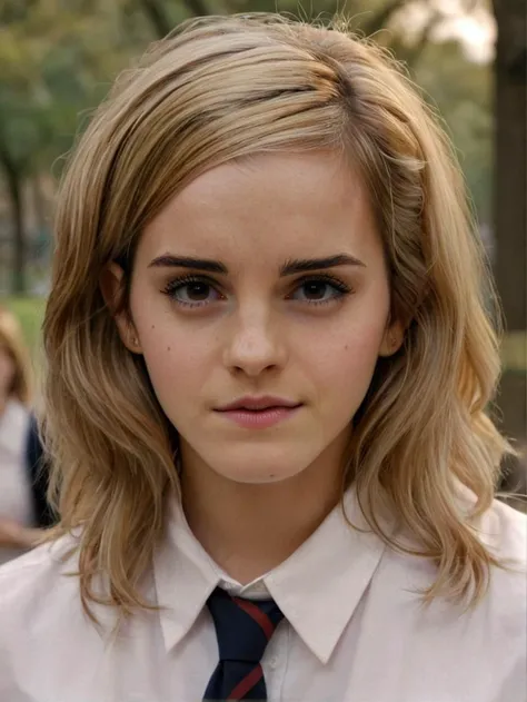 a beautiful picture of  emma_watson_xl,  detailed skin texture,masterpiece, photorealistic, woman, 4k, light, RAW color photo,(fully in frame:1.1), (blush:0.5), (goosebumps:0.5),park,wearing school uniform, <lora:emma_watson_xl2 (4):1> blonde,detailed eyes,detailed lips,detailed face