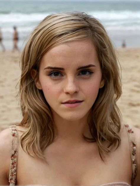 a beautiful picture of  emma_watson_xl,  detailed skin texture,masterpiece, photorealistic, woman, 4k, light, RAW color photo,(fully in frame:1.1), (blush:0.5), (goosebumps:0.5),beach,wearing a bikini, <lora:emma_watson_xl2 (4):1> blonde,detailed eyes,detailed lips,detailed face