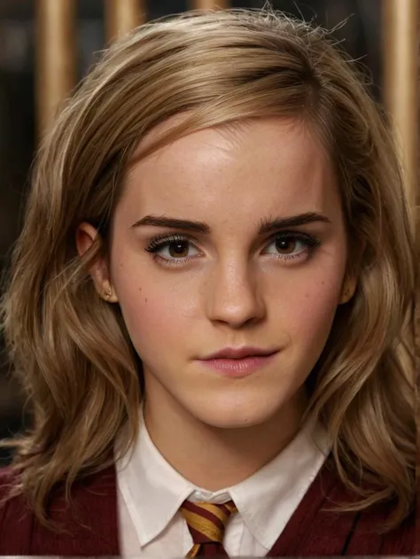 a beautiful picture of  emma_watson_xl,  detailed skin texture,masterpiece, photorealistic, woman, 4k, light, RAW color photo,(fully in frame:1.1), (blush:0.5), (goosebumps:0.5),nightime,wearing gryffindor uniform, <lora:emma_watson_xl2 (4):1> blonde,detailed eyes,detailed lips,detailed face