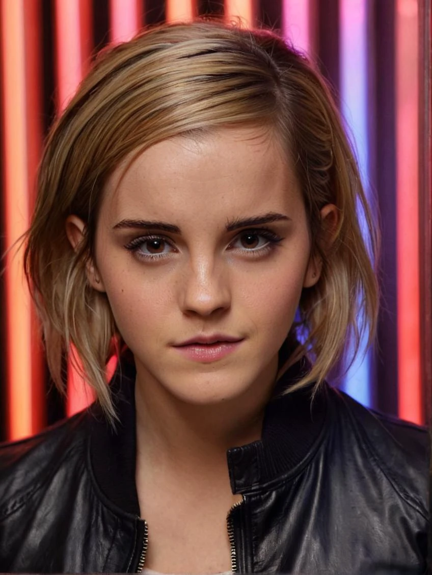 a beautiful picture of emma_watson_xl, detailed skin texture,masterpiece, photorealistic, woman, 4k, light, RAW color photo,(fully in frame:1.1), (blush:0.5), (goosebumps:0.5),neon lights,wearing a leather jacket, <lora:emma_watson_xl2 (4):1> blonde,detailed eyes,detailed lips,detailed face