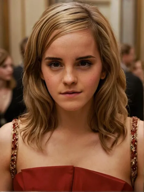 a beautiful picture of  emma_watson_xl,  detailed skin texture,masterpiece, photorealistic, woman, 4k, light, RAW color photo,(fully in frame:1.1), (blush:0.5), (goosebumps:0.5),indoors,wearing a red dress, <lora:emma_watson_xl2 (4):1> blonde,detailed eyes,detailed lips,detailed face