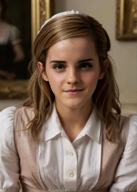 a beautiful picture of emma_watson, detailed skin texture,masterpiece, photorealistic, woman, 4k, light, RAW color photo,(fully in frame:1.1), (goosebumps:0.5), detailed face,subtle smile,wearing a maid outfit,indoors,mansion,<lora:emma_watson:1>