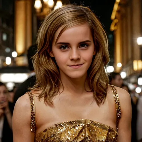 a beautiful picture of emma_watson, detailed skin texture,masterpiece, photorealistic, woman, 4k, light, RAW color photo,(fully in frame:1.1), (goosebumps:0.5), detailed face,subtle smile,wearing a golden gala dress ,night city, cleavage, sexy<lora:emma_watson:1>