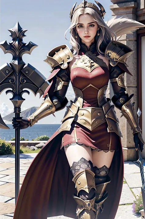 (goddess-like happiness,flirtatious ,seductive:1.4),(RAW photo:1.2),(photorealistic:1.6),(ultimate quality, masterpiece:1.3),(intricate details:1.2),(detailed face:1.2),dramatic,ray tracing,(lens 135mm,f1.8:1.2),(model style, photograph),fFaceDetail,fHandDetail,dutch angle,cowboy shot,castle,
<lora:Emma_Watson:0.8:lbw=FACE>,(Asian-Less:1.6),emma_watson,,
<lora:war_glamv1.1:0.655>,War_Glam,wearing War_Glam,
(flowery,flower knight girl, solo, walking towards viewer,holding weapon:1.6),floating hair,golden hair ornament,floating red cape,hook,viel,golden armor,fur trim,red armored dress,long velvet dress,medium breasts,narrow waist,magnificent,gorgeous,stockings,lace-trimmed legwear,gorgeous armor,breastplate,gauntlets,guardebras,leg armor,spurs,arms behind back,dramatic,motion blur,