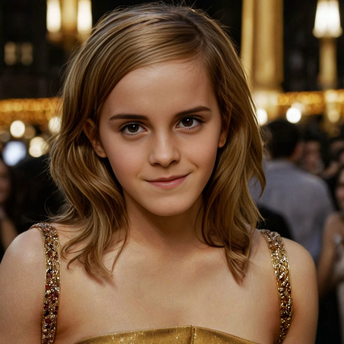 a beautiful picture of emma_watson, detailed skin texture,masterpiece, photorealistic, woman, 4k, light, RAW color photo,(fully in frame:1.1), (goosebumps:0.5), detailed face,subtle smile,wearing a golden gala dress ,night city, cleavage, sexy<lora:emma_watson:1>