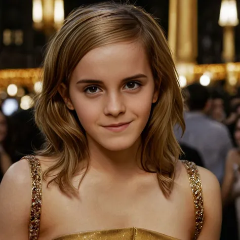 a beautiful picture of emma_watson, detailed skin texture,masterpiece, photorealistic, woman, 4k, light, RAW color photo,(fully in frame:1.1), (goosebumps:0.5), detailed face,subtle smile,wearing a golden gala dress ,night city, cleavage, sexy<lora:emma_watson:1>