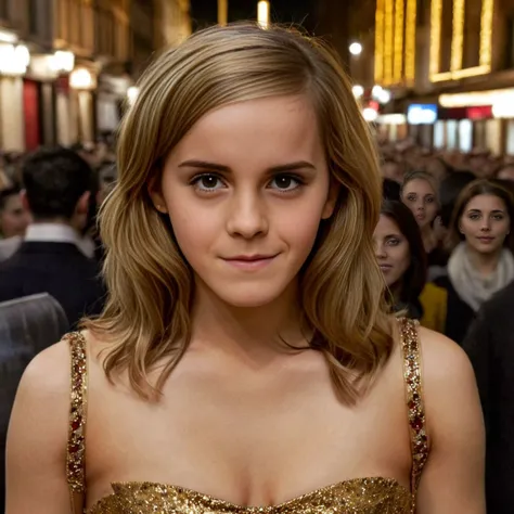 a beautiful picture of emma_watson, detailed skin texture,masterpiece, photorealistic, woman, 4k, light, RAW color photo,(fully in frame:1.1), (goosebumps:0.5), detailed face,subtle smile,wearing a golden gala dress ,night city, cleavage, sexy<lora:emma_watson:1>