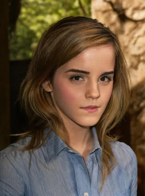 a beautiful picture of emma watson,long hair, detailed skin texture,masterpiece, face focus, photorealistic, woman, 4k, HDR, backlighting, bloom, light, RAW color photo,(fully in frame:1.1), (blush:0.5), (goosebumps:0.5), wearing a blue shirt,<lora:3mmawatV2:1>, photorealistic, cinematic lighting , outdoors