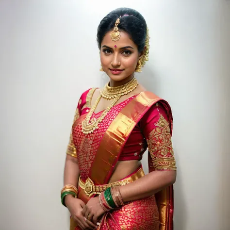 full body photo of a woman wearing bridal saree <lora:bridal_saree:0.6>, , RAW photo, detailed skin, 8k uhd, dslr, soft lighting, high quality, film grain, Fujifilm XT3