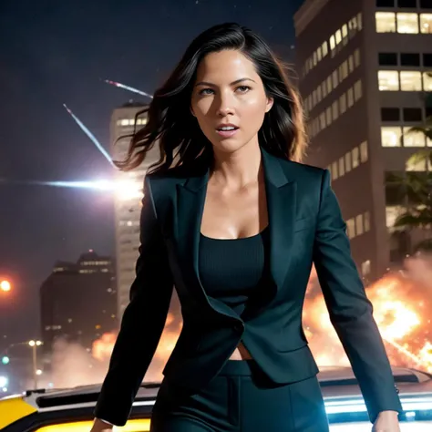 Dynamic radiant photo at a downtown cityscape at night of a female Hardboiled detective oliviamunn with intense defined face details, flashing green eyes, gun in hand, moist skin, dynamic pose, dynamic angle, and balayage haircut wearing an tight elegant suit with police badge, at an adrenaline-fueled explosion scene, explosion in background, flying helicopter in background