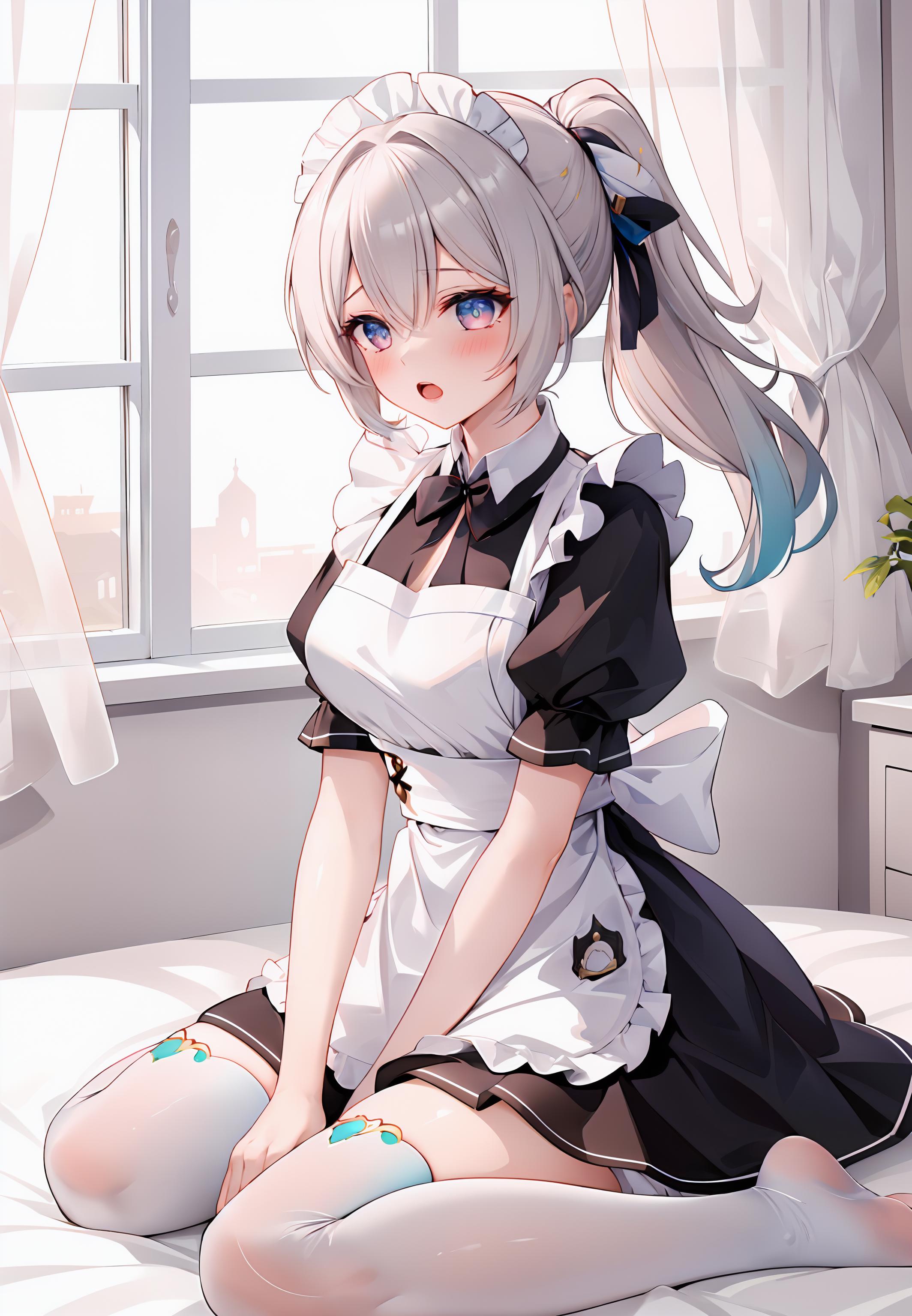 Anime girl sitting on a bed with a white and black dress - SeaArt AI