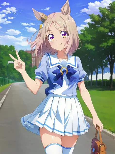 1girl,  facing viewer, cheerful,smile, 
 <lora:narita_top_road_loha:0.7> narita top road \(umamusume\), semi long hair,  tracen school uniform, summer uniform, serafuku, puffy short sleeves, purple bowtie, horseshoe ornament, sailor collar, sailor shirt, purple shirt, white skirt, pleated skirt, frilled skirt, miniskirt, zettai ryouiki, white thighhighs, brown footwear, loafers, masterpiece, best quality, high quality, exquisite, beautiful,4k,8k,16k,highres, incredibly absurdres