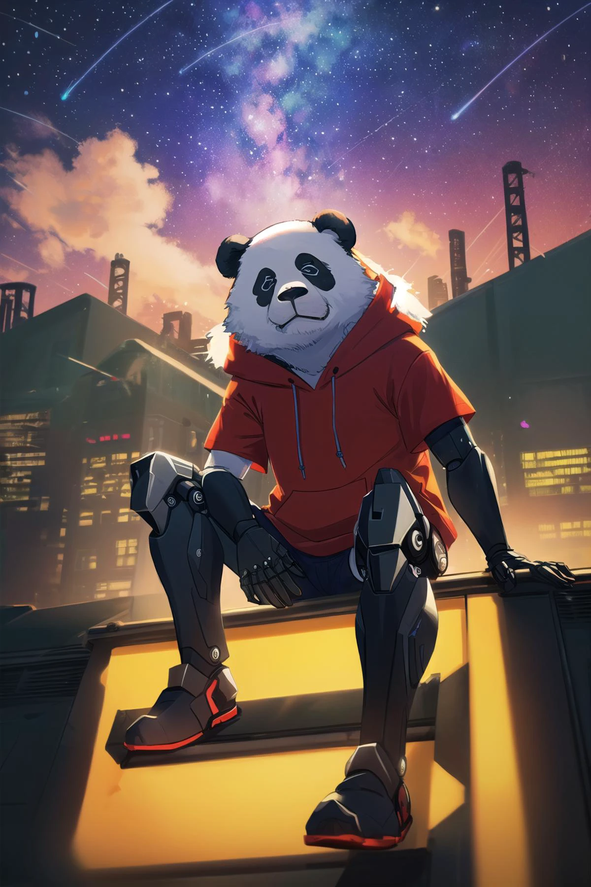 (a cyborg anthropomorphic giant panda male furry is sitting solo on rooftop:1.1), (He has very fluffy fur on cheek and animal head:1.1), (mechanical arms and hands, mechanical legs and boots, gloves:1.1), (He wears a short sleeves red hoodie with both proud and serious on his face:1.1), (His eyes are black and shine and looking afar:1.1),
BREAK city below, backlighting, night, moonlight, starry sky, shooting star, constellation, medium shot, dutch angle, <lora:align_sd_lora:0.5>