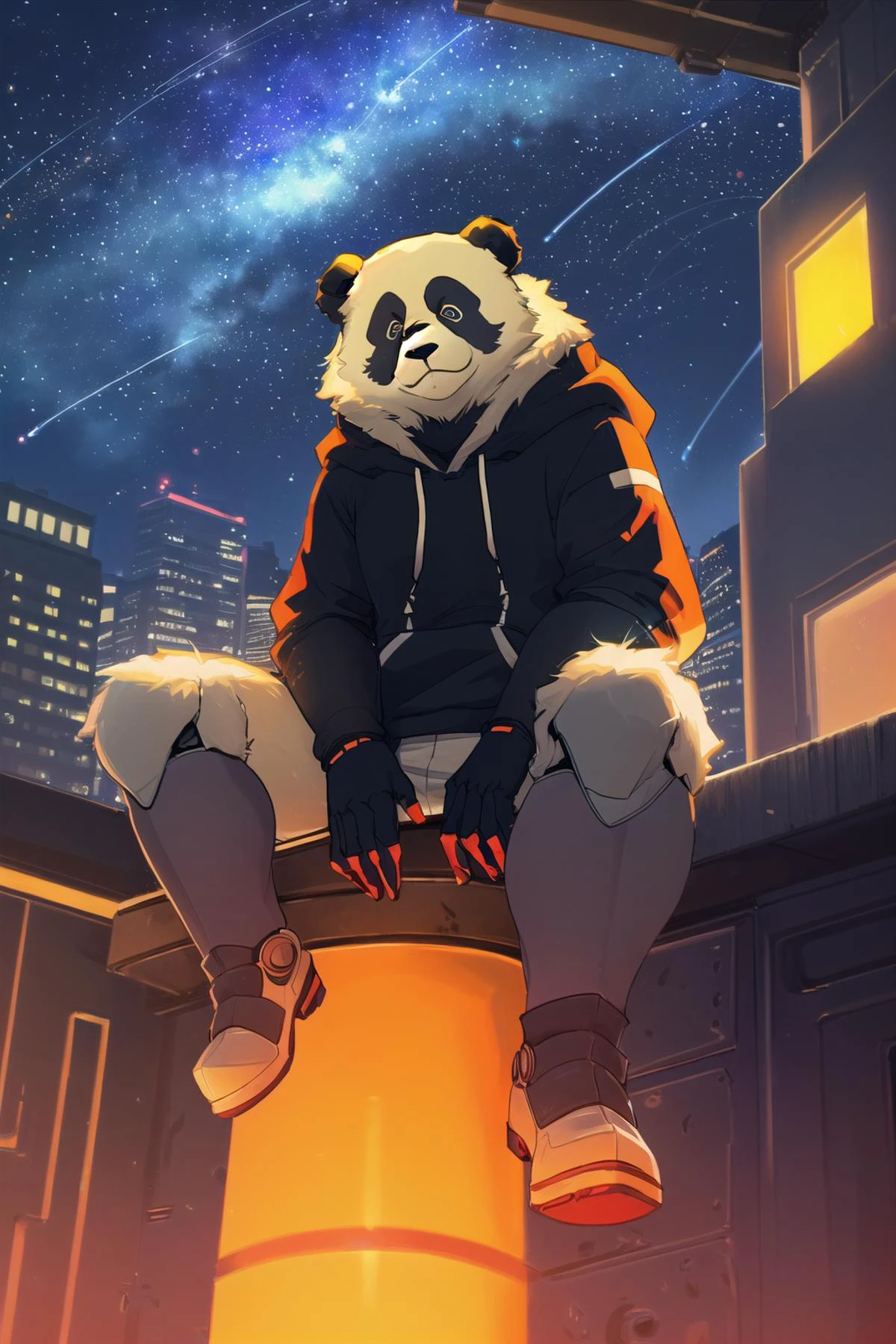 (a cyborg anthropomorphic giant panda male furry is sitting solo on rooftop:1.1), (He has very fluffy fur on cheek and animal head:1.1), (mechanical arms and hands, mechanical legs and boots, gloves:1.1), (He wears a short sleeves red hoodie with both proud and serious on his face:1.1), (His eyes are black and shine and looking afar:1.1),
BREAK city below, backlighting, night, moonlight, starry sky, shooting star, constellation, medium shot, dutch angle, <lora:align_sd_lora:0.5>