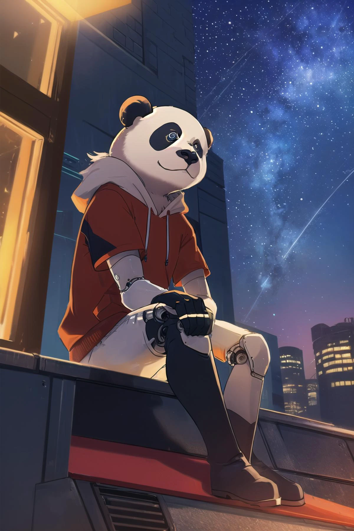 (a cyborg anthropomorphic giant panda male furry is sitting solo on rooftop:1.1), (He has very fluffy fur on cheek and animal head:1.1), (mechanical arms and hands, mechanical legs and boots, gloves:1.1), (He wears a short sleeves red hoodie with both proud and serious on his face:1.1), (His eyes are black and shine and looking afar:1.1),
BREAK city below, backlighting, night, moonlight, starry sky, shooting star, constellation, medium shot, dutch angle, <lora:align_sd_lora:0.5>